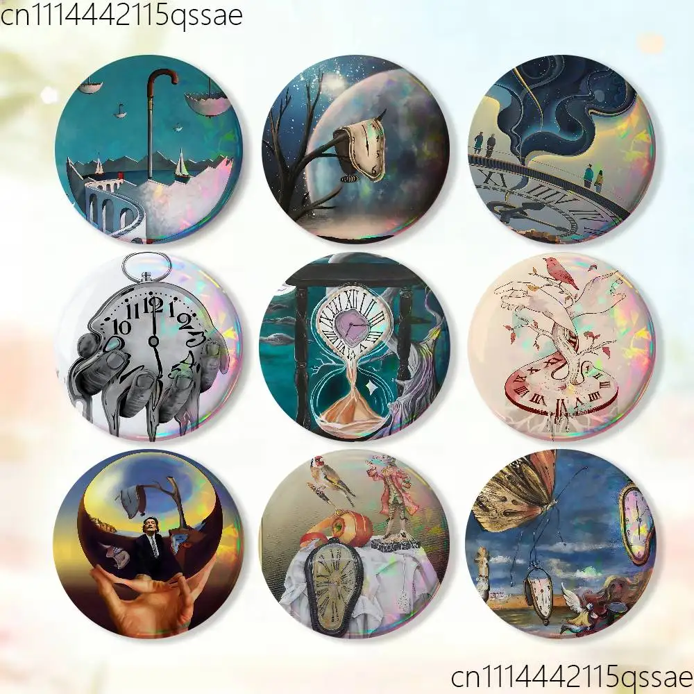 Badge bouton rond créatif 'La persistance de la mémoire' avec horloges, accessoires de décoration pour sacs, cadeaux pour fans, collectionneurs et amis