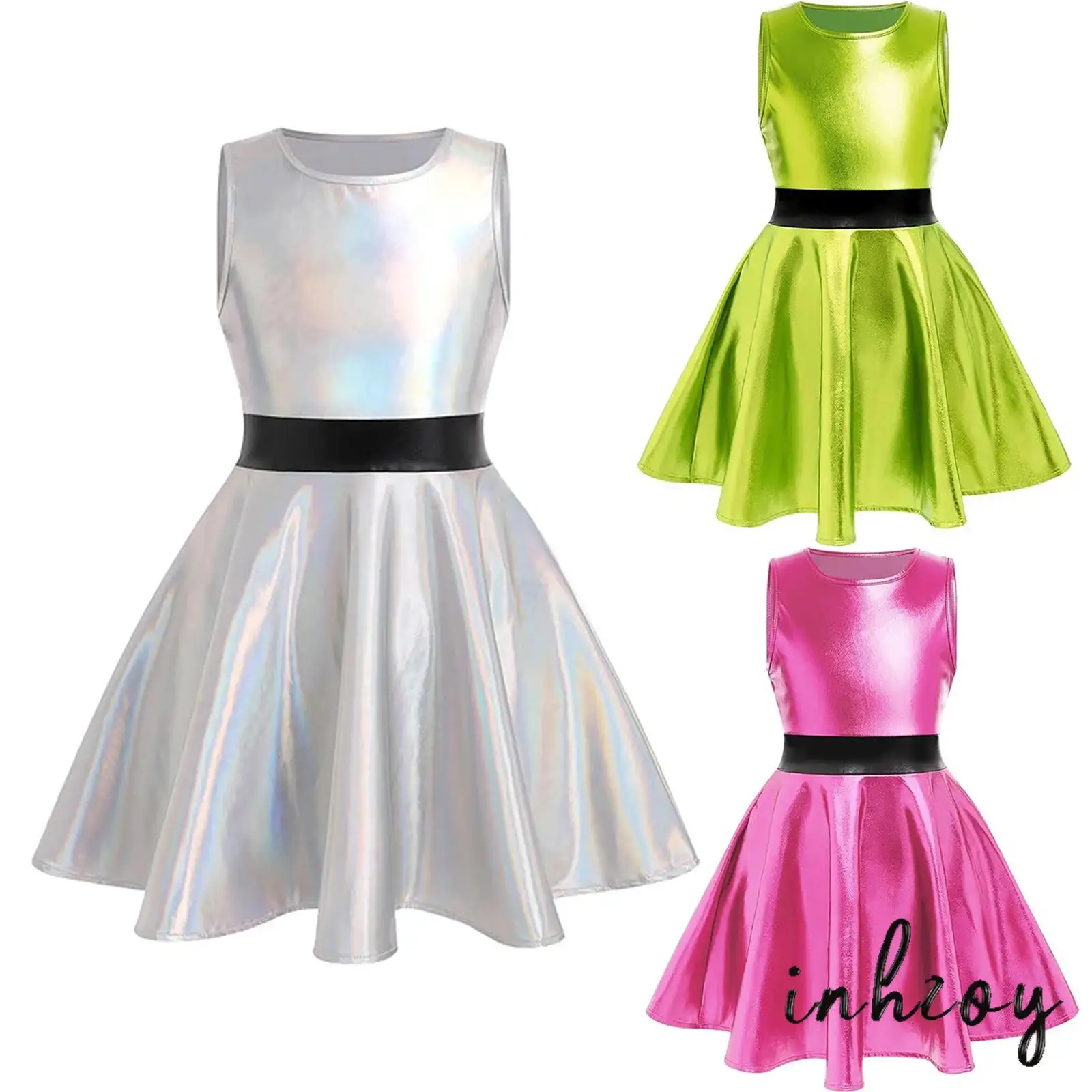 

Girls Halloween Theme Party Cosplay Costume Round Neck Sleeveless Contrasting Waist Side Invisible Zipper A-Line Metallic Dress