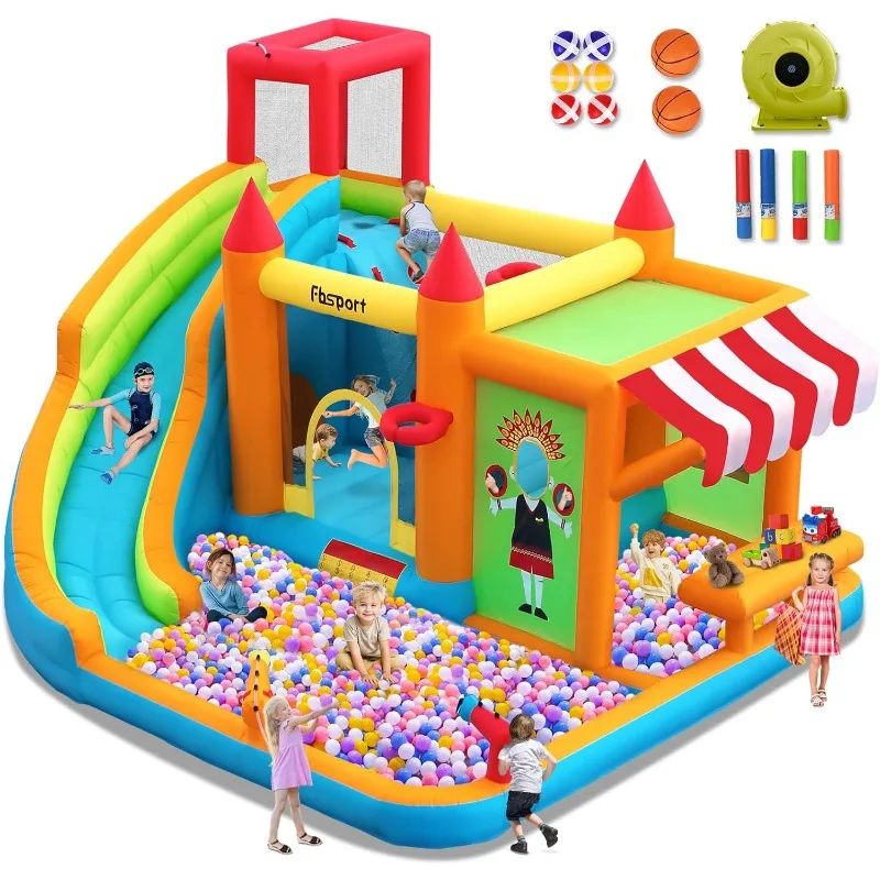 

Inflatable bounce house water slide, kids bounce house with toy market stall, paddling pool, bouncers, climbing wall, water guns