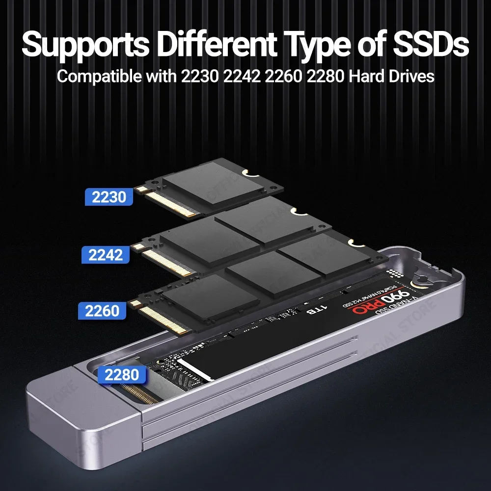 JEYI Gabinete M.2 NVMe de conexão direta, plugue USB-A USB 3.2 10 Gbps em linha de alumínio 2242 2280 SSD Case com capa protetora magnética