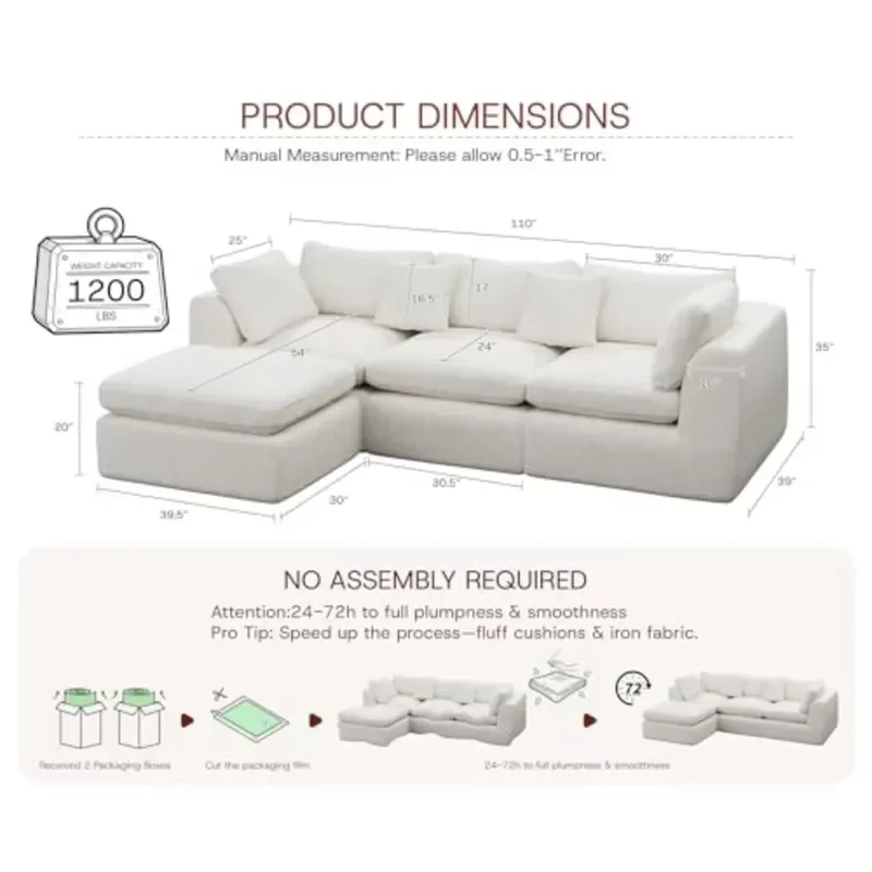 Oversized Cloud Sectional Boneless Couch Modern Big Compressed L Shape Couch Chenille Deep Seat Memory Foam 4 Seater Sofa