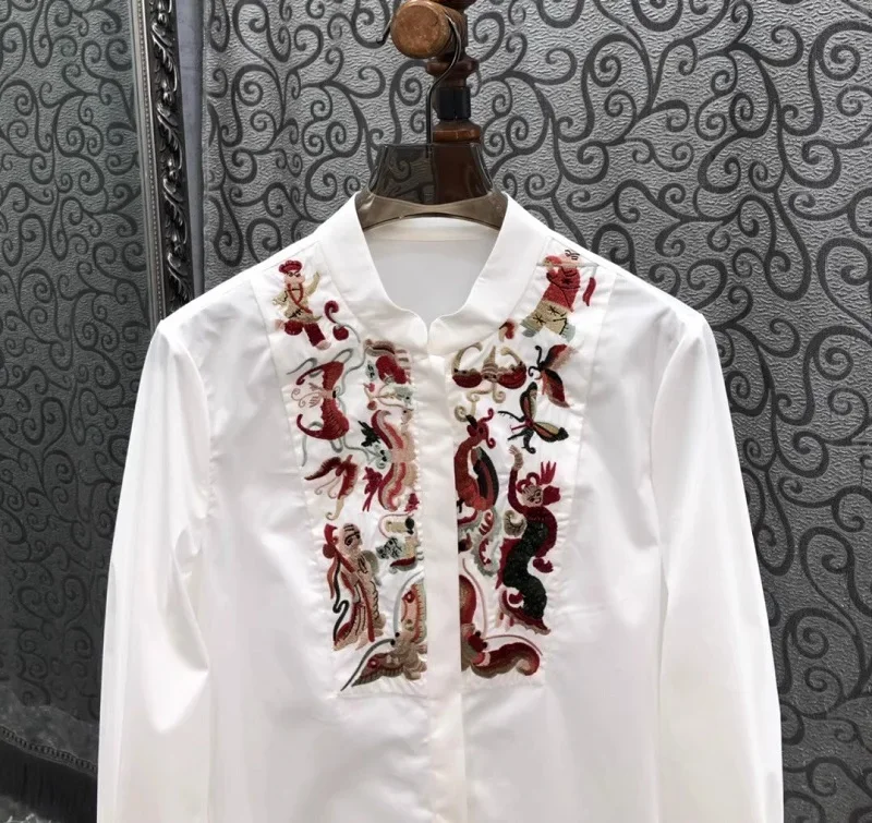 Top Quality New Cotton Shirts 2025 Spring Blouses Lady Colorful Floral Embroidery Flare Sleeve Casual White Shirts Blouses