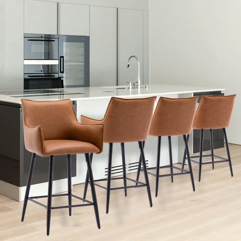 26'' Counter Height Bar Stools Set of 4, Modern Counter Stools with Back, Leather Upholstered Bar Chairs, Comfy Barstools for Ki