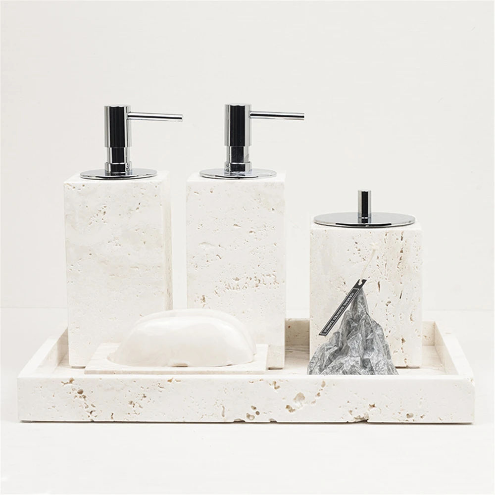 Beige Travertine Bathroom Accessories Set Natural Marble Soap Dispenser Soap Dish Toiletries Set Vanity Tray Kit Bathroom