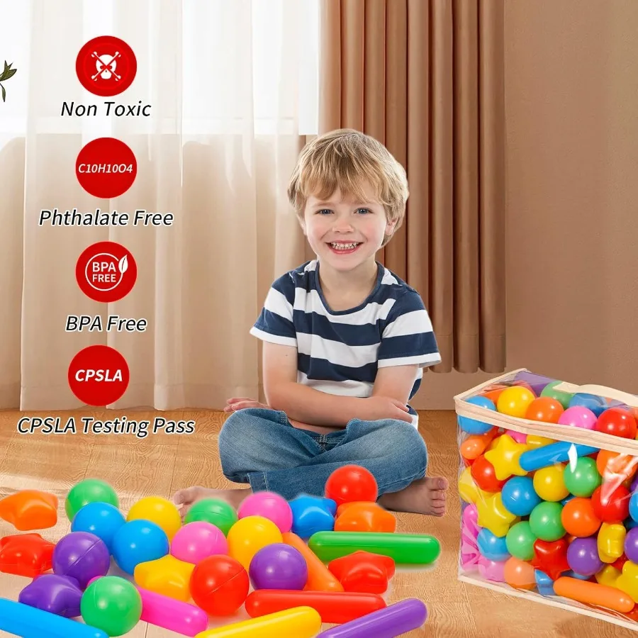 100 szt. Kul do basenu dla dzieci, zabawki do basenu, grube, miękkie plastikowe kulki do basenu dla maluchów, 3 kształty, kulki, gwiazda, patyk