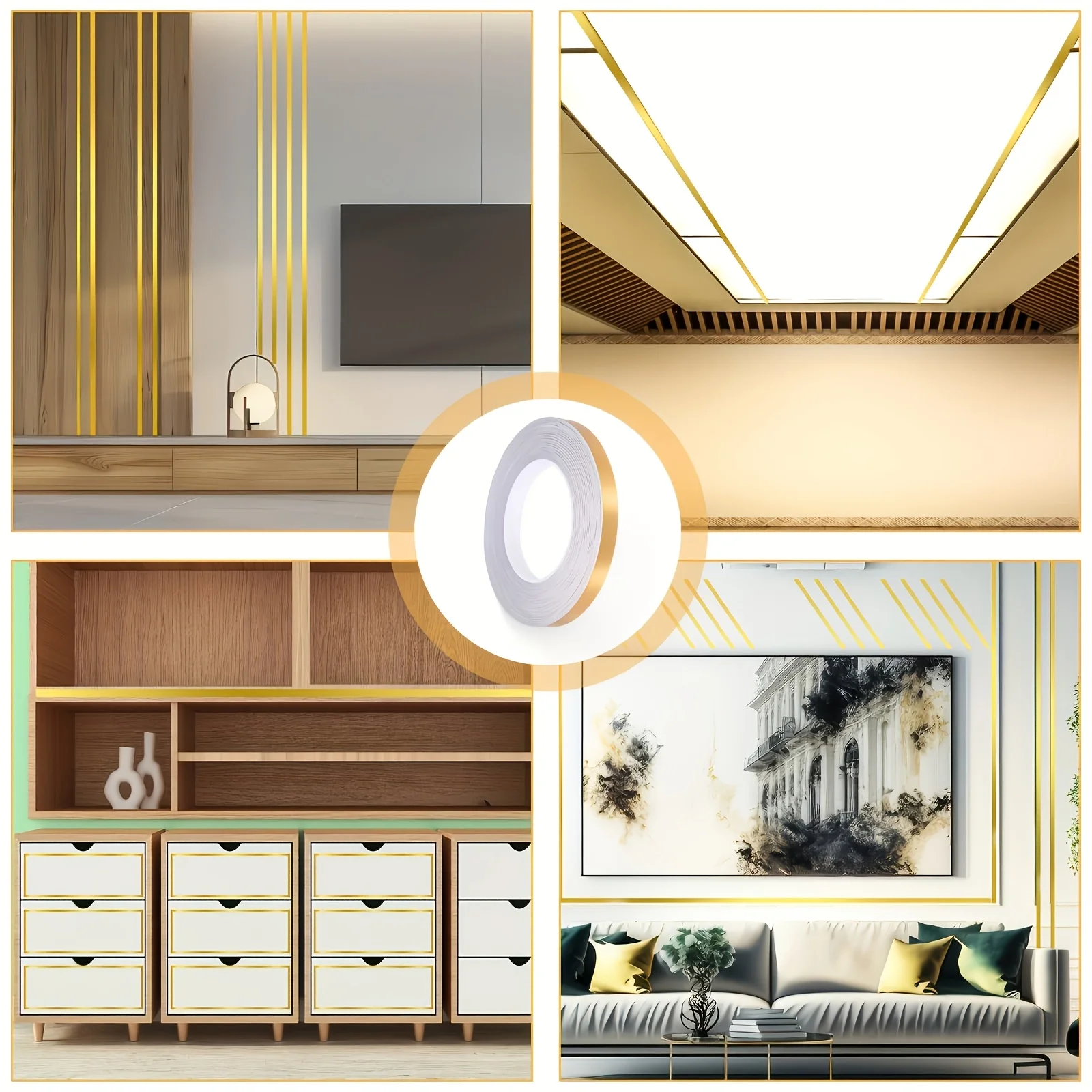 Gold Foil Tape 8 Rolls Self-Adhesive PVC Metallic Decorative Tape for Wall Cabinet Bathroom Car Detail Graphic Art