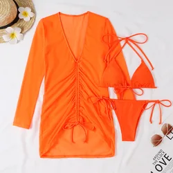 2023 Beach Cover Up And Bikini Set Sexy Swimwear Women Dresses Long Sleeve Mesh Swimsuit Thong Biquini Female Neon Beachwear