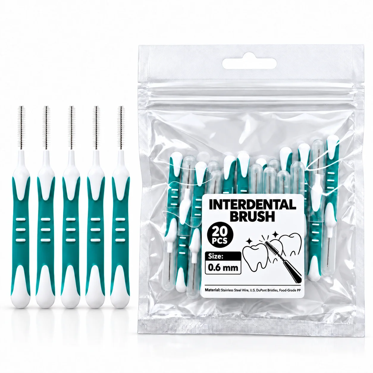 20PCS 0.6mm Interdental Brushes for Braces Cleaning Orthodontic Dental Gap Brush Dual Color Soft Silicone Stainless Steel Wire