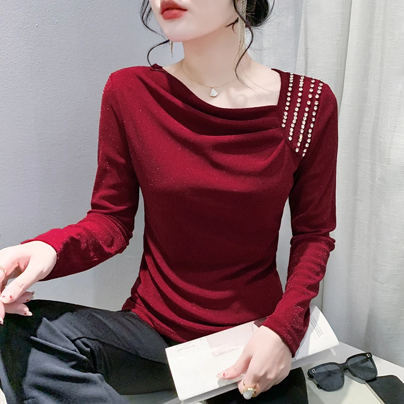 Slim Fit Long Sleeve T-Shirt Women's Autumn Winter New Style European Fashion Mesh Base Shirt Trendy Top Street Style Pure Color