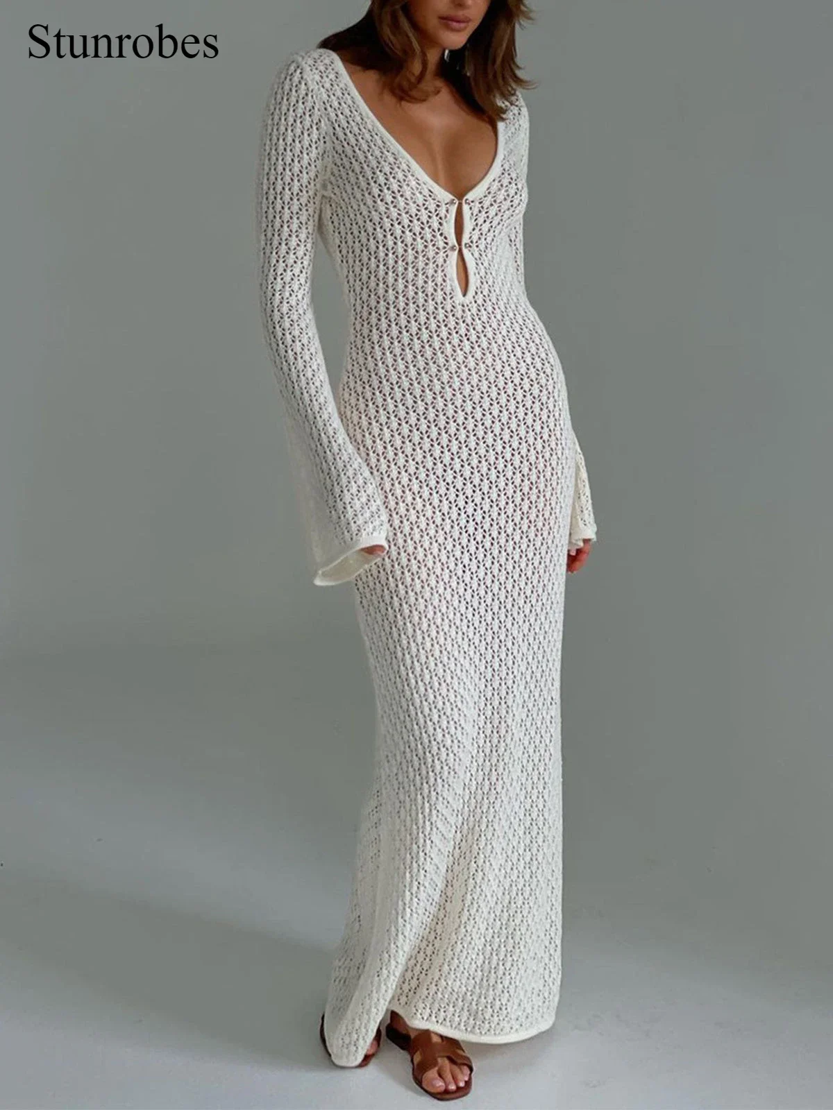 

Tossy White Knit Fashion Cover up Maxi Dress Female See-Through V-Neck Hollow Out Beach Holiday Dress Knitwear Backless Dresses