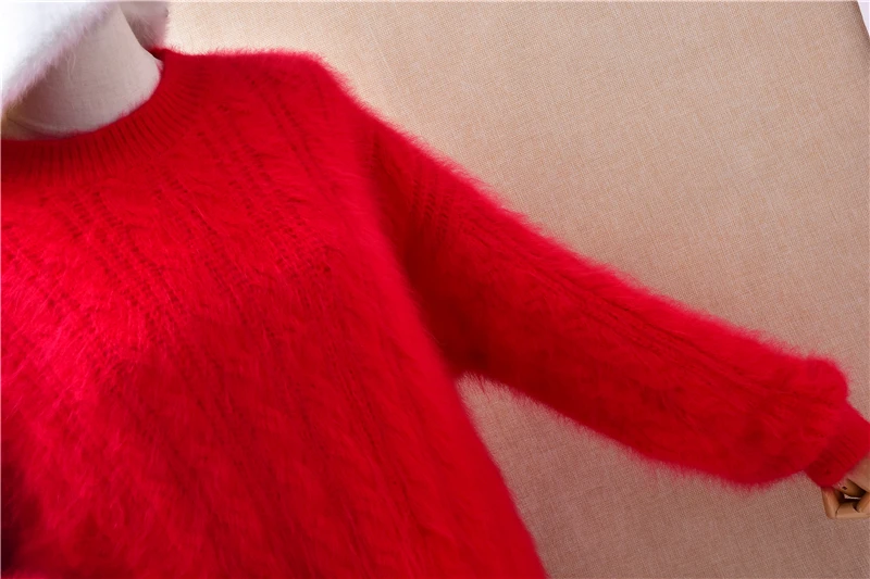 ملابس نسائية للخريف والشتاء موضة الجاكار الأحمر شعر الأنجورا أرنب الشعر محبوك س الرقبة طويلة الأكمام فضفاضة سترة البلوز #4