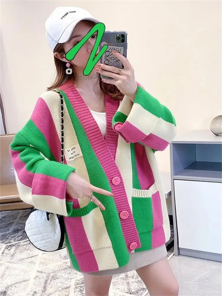 H.SA 2022 Women Long Sweater Coat Vneck Oversized Cardigans Patchwork Sweater Casual Striped Chic Street Knit Poncho Korean Tops