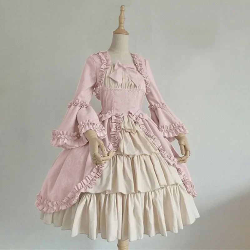 Multi Colors Matching Medieval Retro Gothic Court Lolita Luxury Design Sweet Dress Square Neck Waist Spliced Lolita Dress