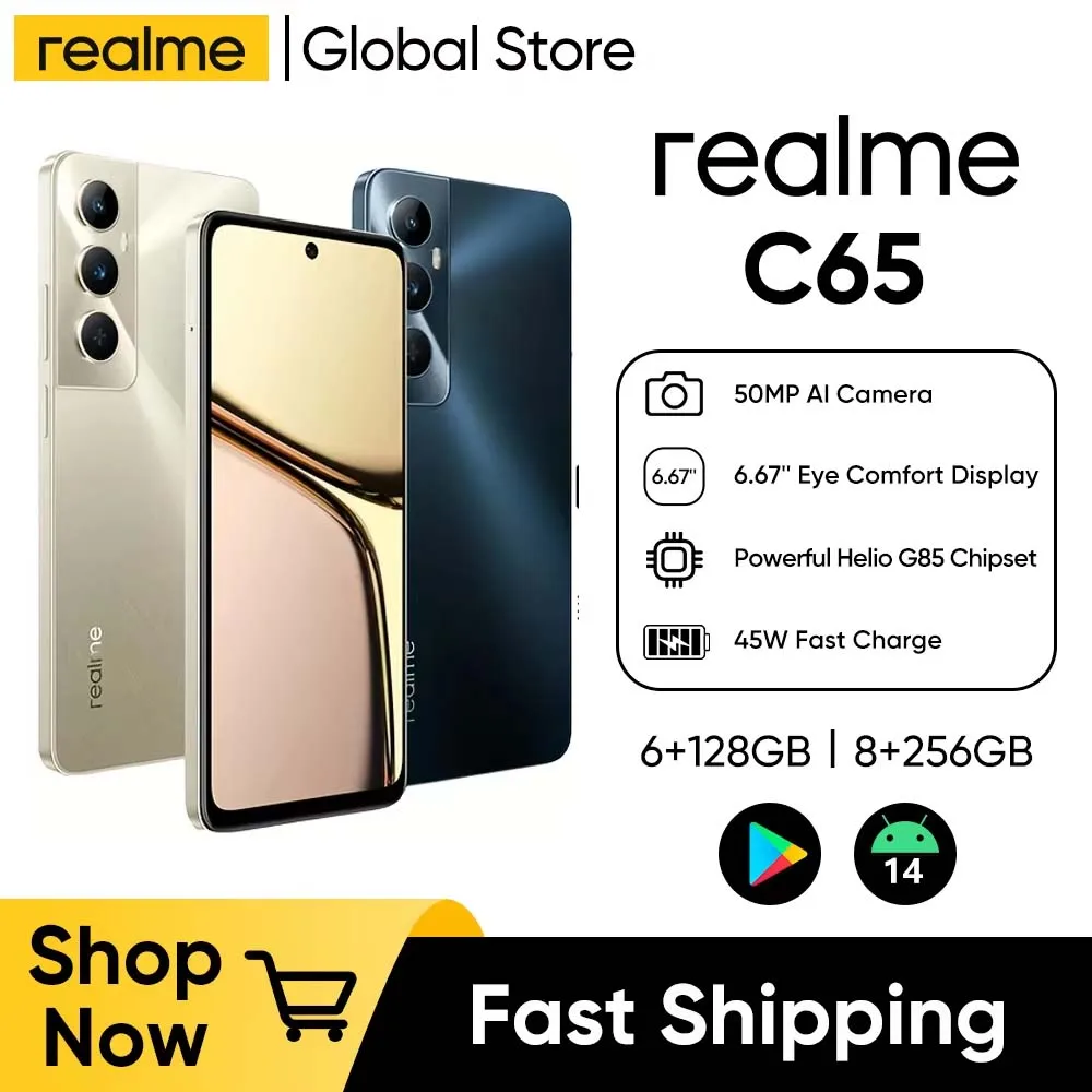 Смартфон Realme C65, 50-мегапиксельная камера с искусственным интеллектом, 45 Вт, SUPERVOOC зарядка, большой дисплей 6,67 дюйма, аккумулятор 5000 мАч, Helio G85 NFC