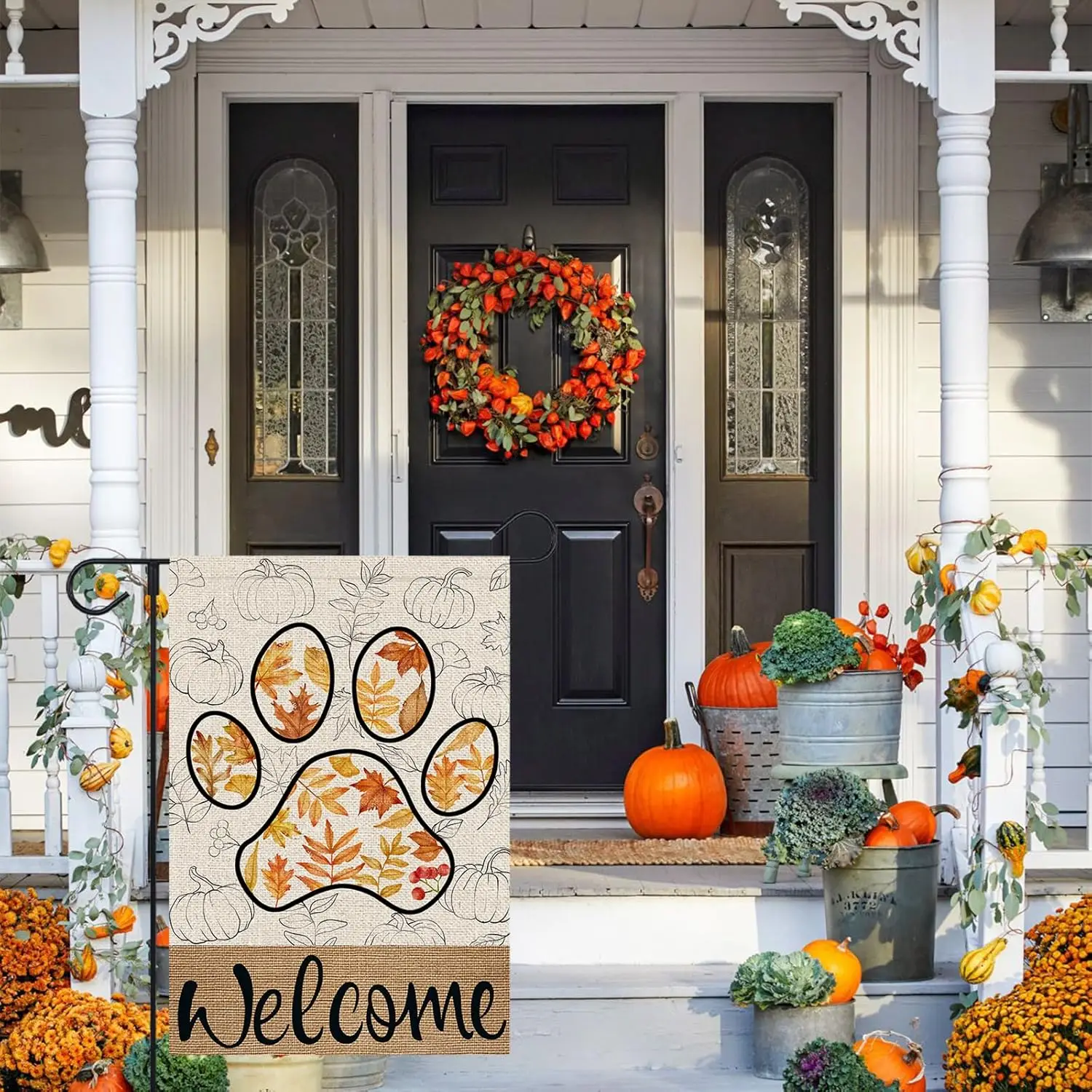 Welcome Fall Garden Flag 12x18 Inch Double Sided Outside Autumn Maple Leaves Pumpkins Paw Print Small Burlap Flag Yard Outdo UUN