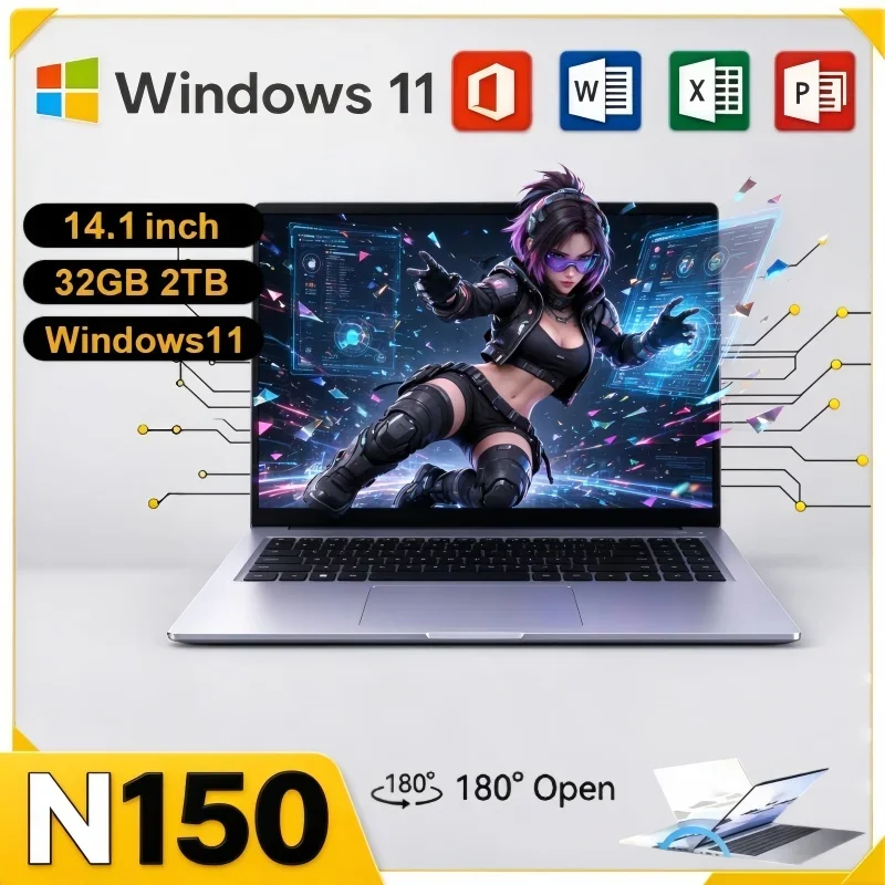 14.1 Inch Ultra Slim PC Notebook Intel N150 32GB RAM 2TB SSD 1920*1080 Resolution Windows 11 For Online Class & Office Job