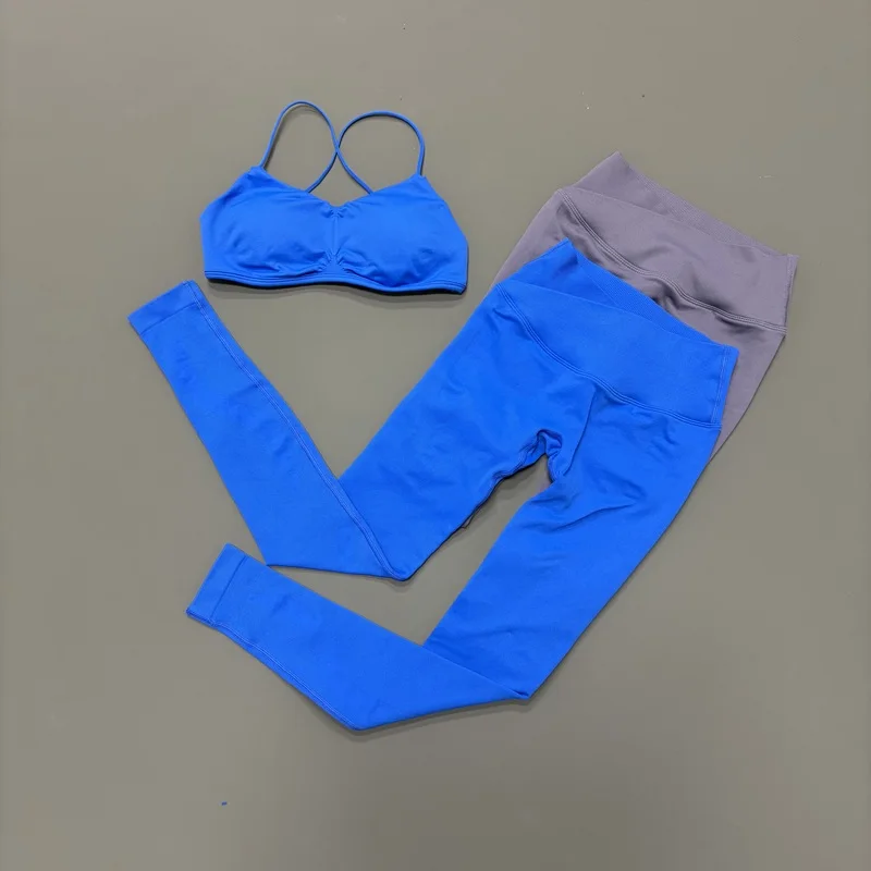 2Pcs HISTELLO Vision Fitness Set Seamless Cross Back Bra Cross Low Waist Ruched Hip Leggings Quick Dry Gym Sports Training Sets - view 3