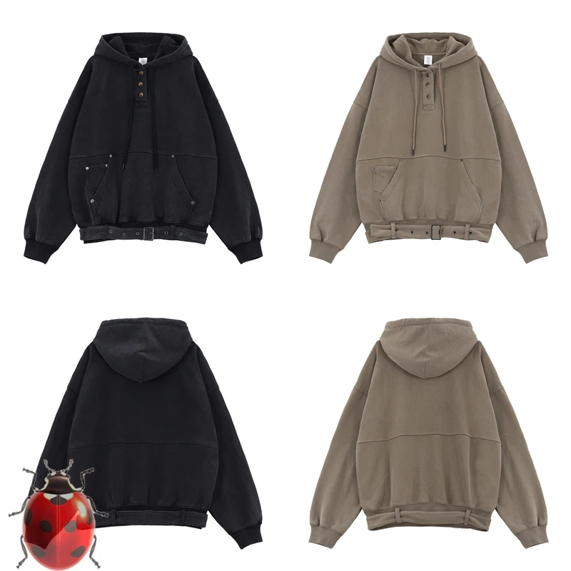 Drawstring Three Button Washed Retro Loose Hoodie Hem Kangaroo Pocket Tight Waistband Design Casual Sweatshirts Black Khaki