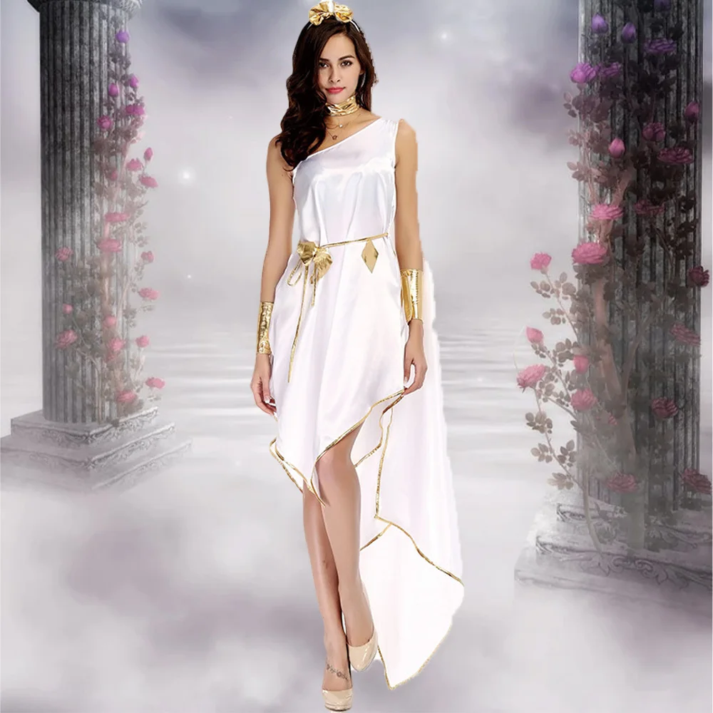 Elegant White Single Shoulder Irregular Long Dress for Women Sexy Greek Goddess Cosplay Uniform Halloween Carnival Fancy Dress