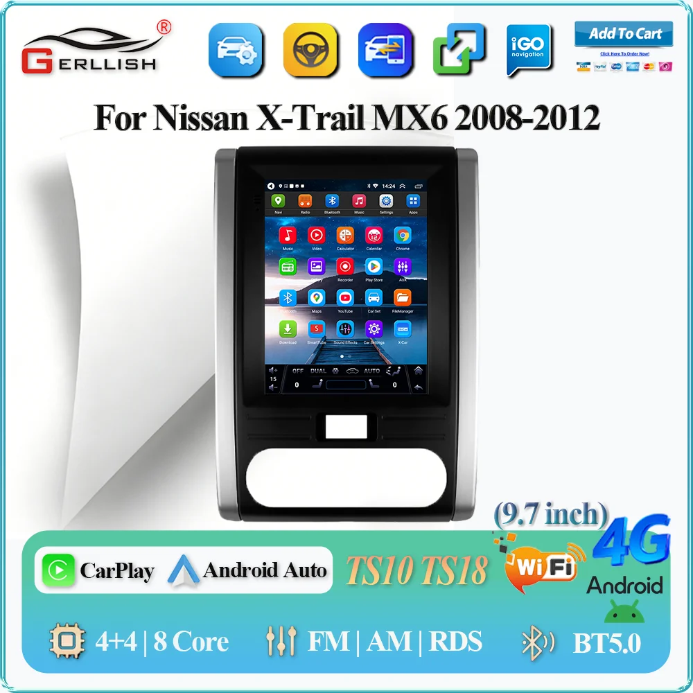 

GERLLISH 9.7 inch For Nissan X-Trail X Trail 2 T31 MX6 2008 - 2012 Android Car Radio Multimedia Auto Video GPS WlessCarplay