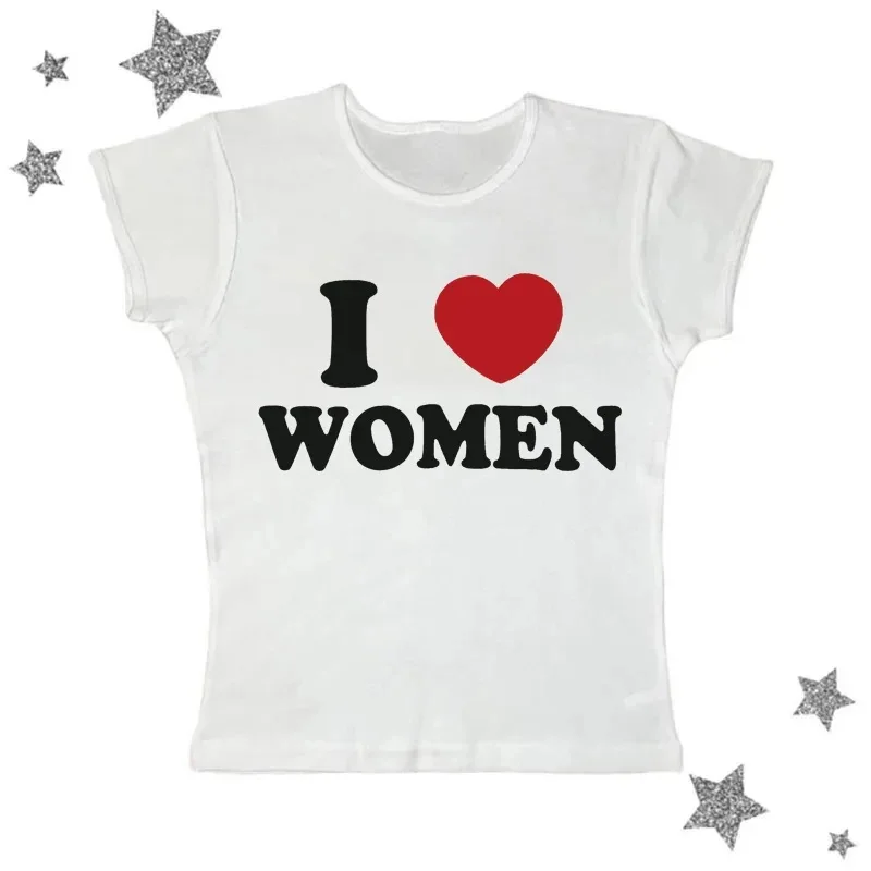 Sexy kawayii letter I LOVE WOMEN print 90s Graphic T-shirt Harajuku Tops Tee Cute Short Sleeve Tshirt aesthetic slim baby tees