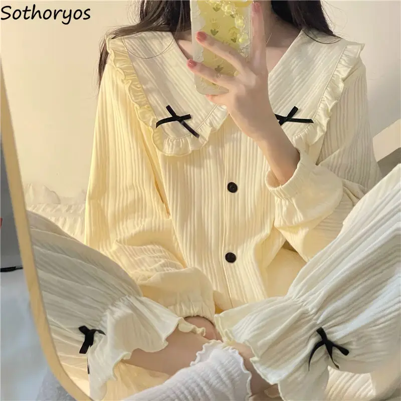 Sweet Long Sleeve Pajama Sets Women Loose Casual Stylish Chic Homewear Single Breasted Ins Popular Cute Bow Princess Nightwear