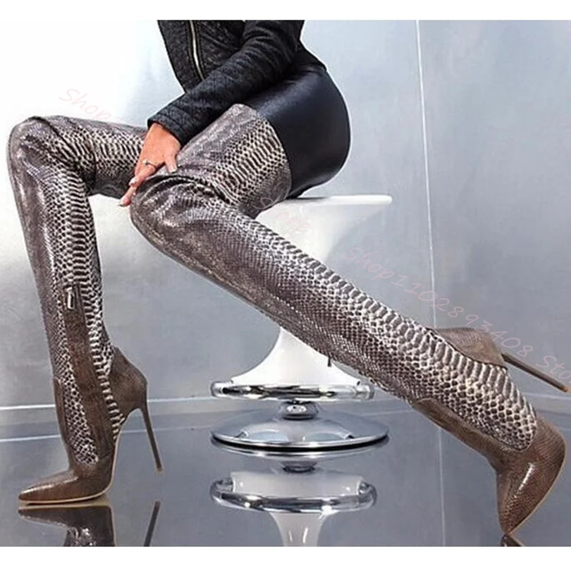 

Splicing Snakeskin Knee Boots Pointed Toe Stiletto Heels Side Zipper Shoes Women Fall Sexy Party Boots 2023 Zapatos Para Mujere