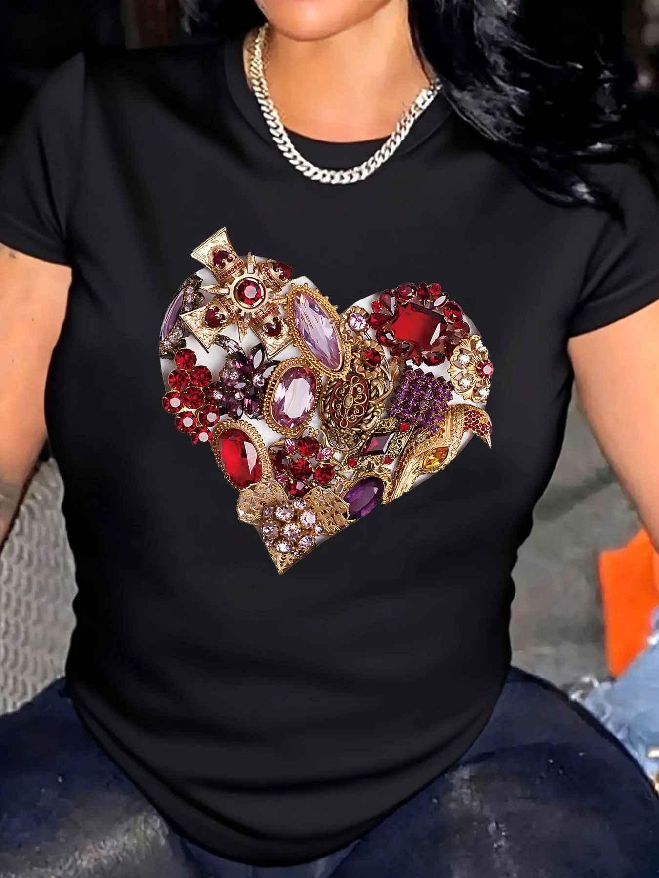 

Женская футболка больших размеров с принтом в виде сердца на день Святого Валентина, модный повседневный топ на открытом воздухе