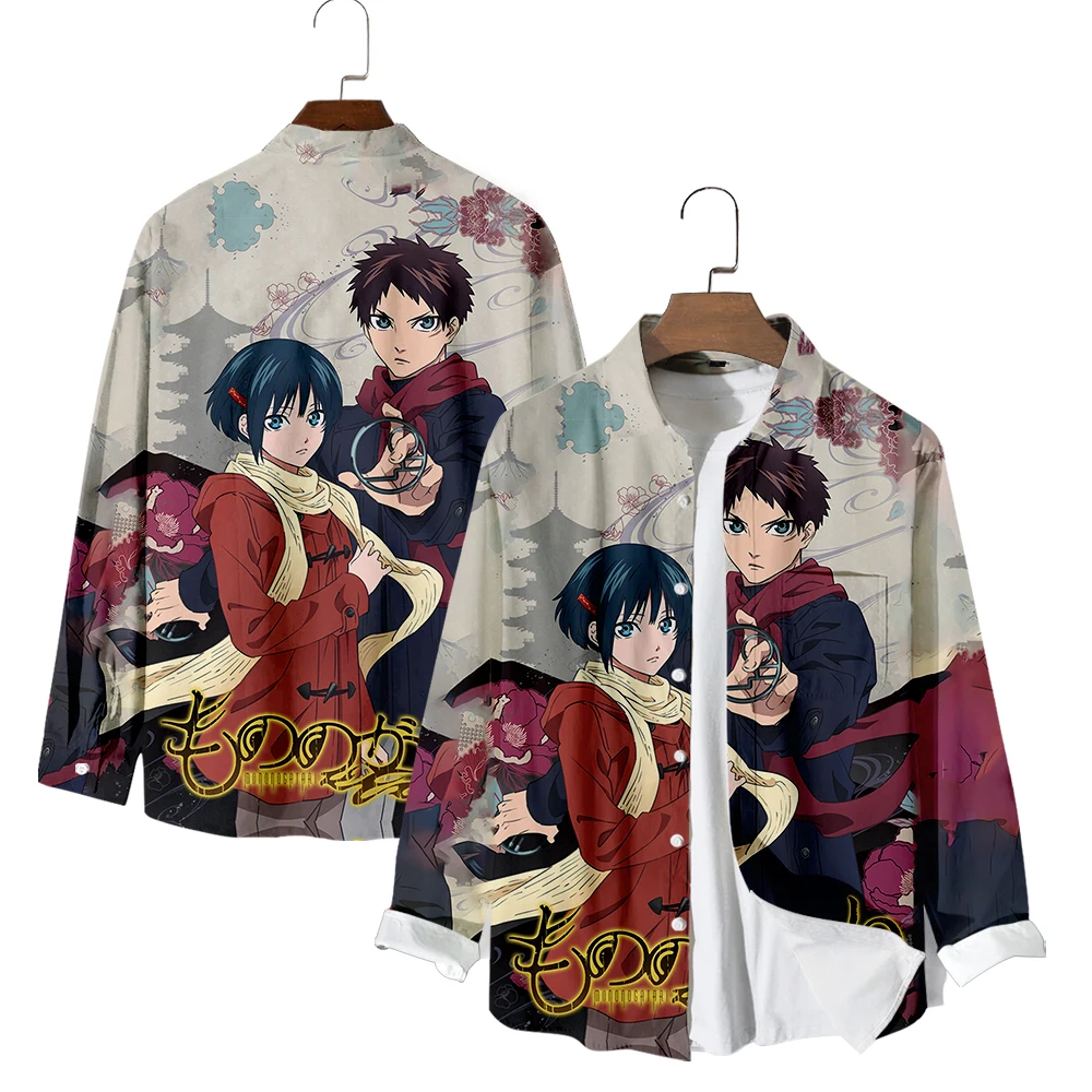 Mononogatari Anime Camisas de manga comprida com decote em V gola virada para baixo camisa com botões estilo casual tops