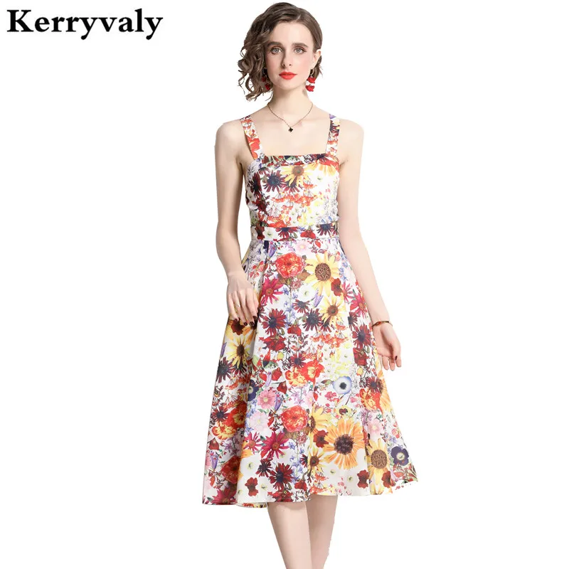 

French Floral Women Retro Printed Suspender Dress Summer Holiday Beach Midi Dresses Vestidos De Tricô Femenino K1898