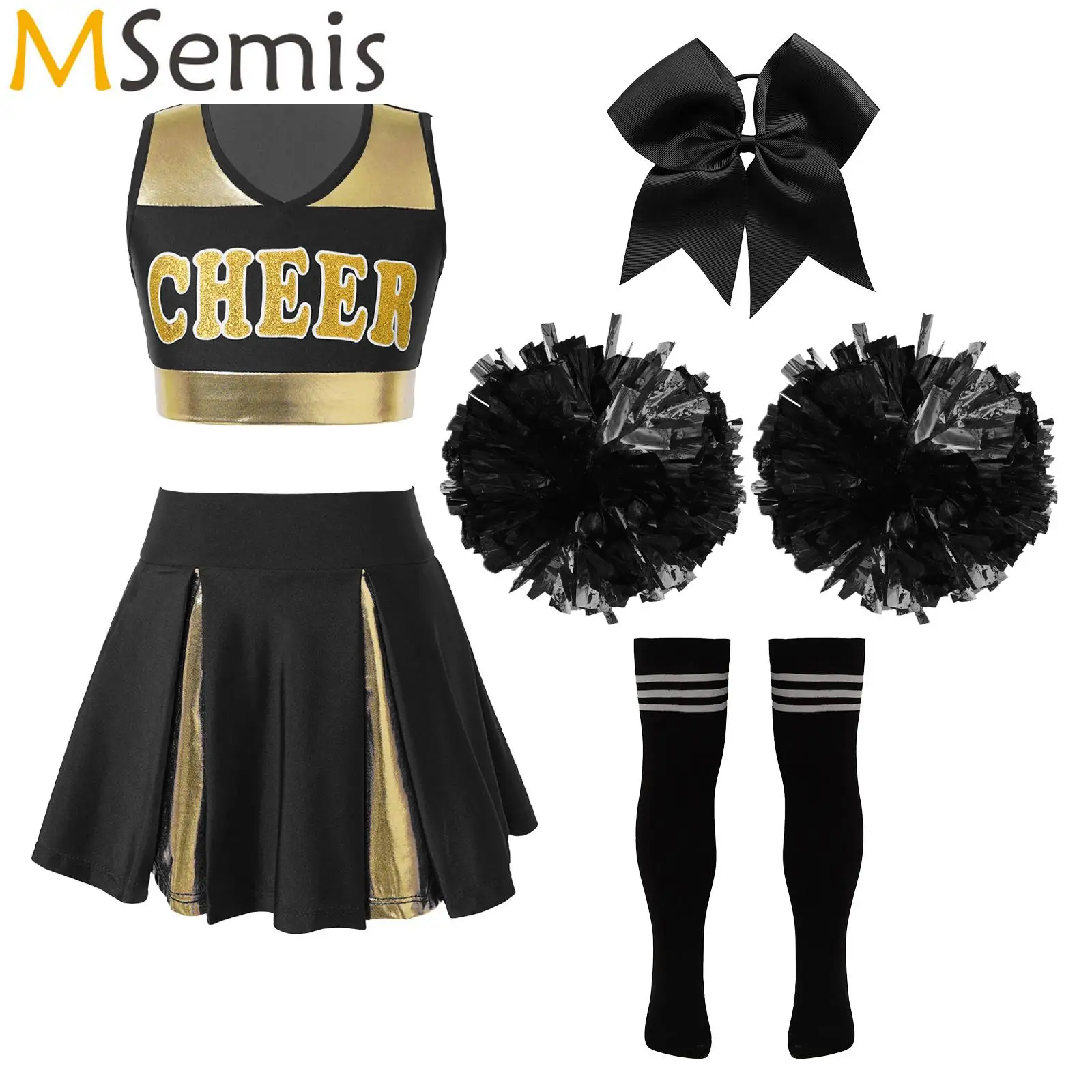 Pompons En Sokken Meisjes Cheerleading Uniform Schoolmeisje Cheerleaders Dans Kostuum Mouwloos Vest Cheerleader Outfit Halloween