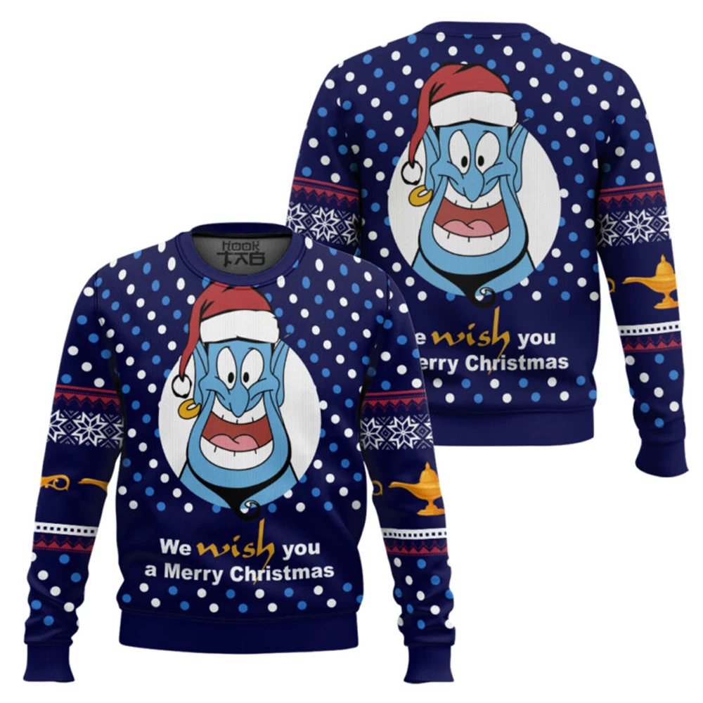 

Disney Aladdin We Wish You A Merry Christmas Ugly Christmas Sweater Funny Holiday Party Oversized Pullover for Men Xmas Gift