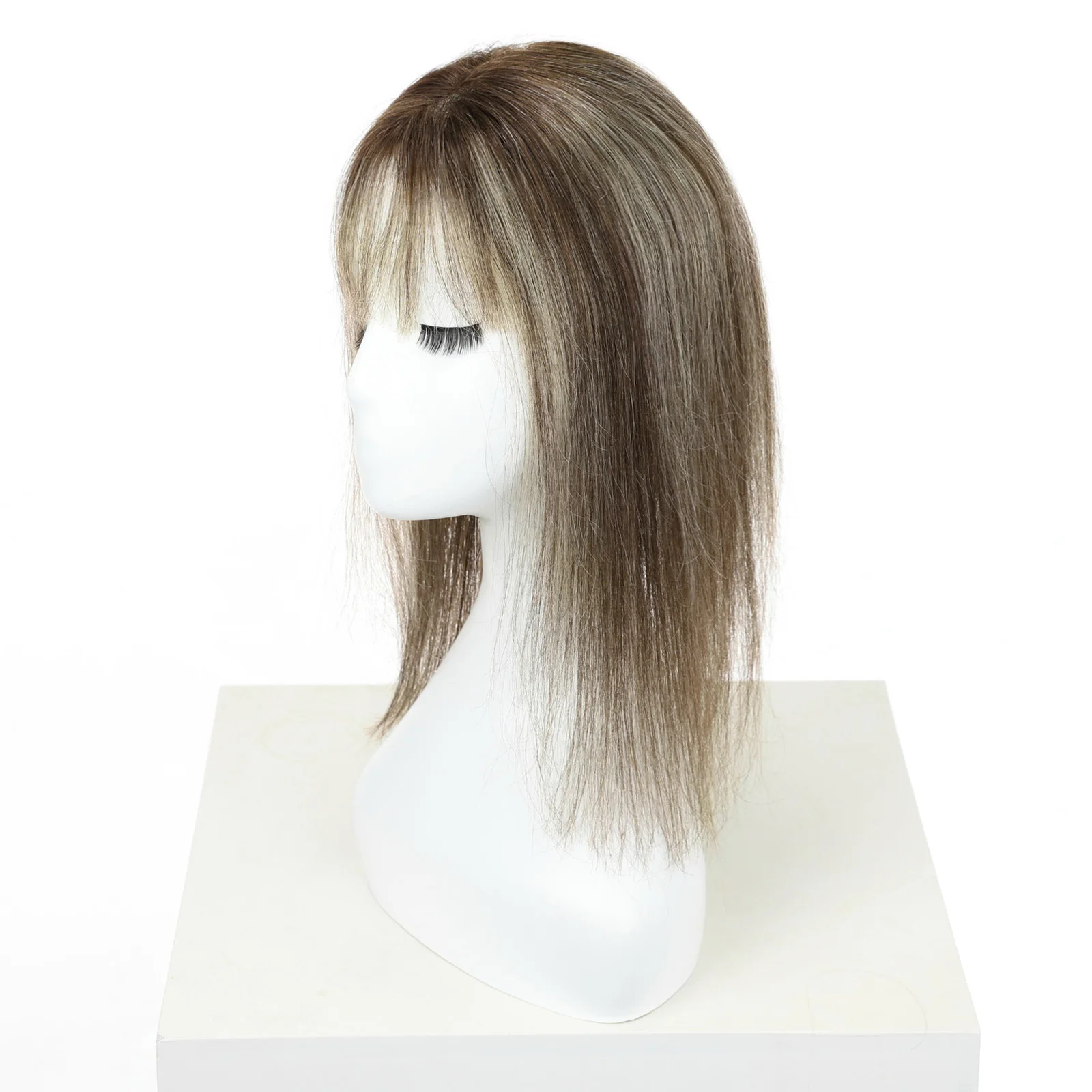 Brown Human Hair Toppers with Blonde Highlights 5x6 inch 3 Clips Swiss Base 14inch Natural Human Hair Topper for Women Hair Loss
