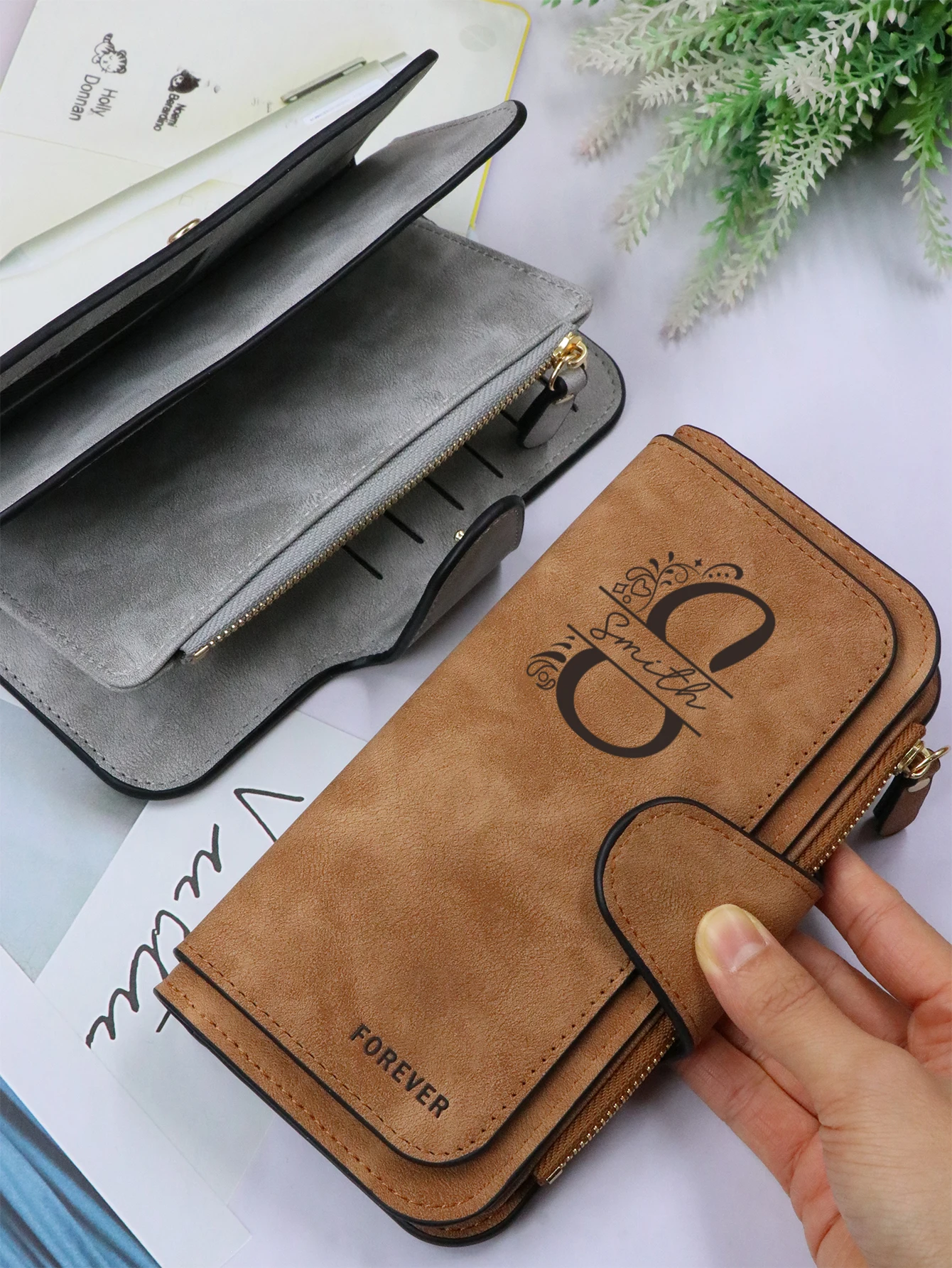 Personalisierte Geldbörse mit Initialen, Geschenk zum Valentinstag, lange Geldbörse mit Reißverschluss für Damen und Herren – Detail 2