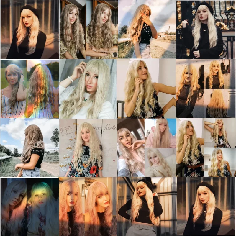 Enin sintetico biondo chiaro Ombre al platino parrucche lunghe per capelli dell'onda del corpo con frangia per le donne Cosplay naturale resistente al calore