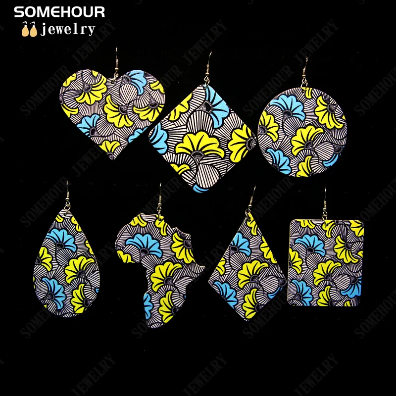 SOMEHOUR African Fabric Print Boho Wooden Drop Earrings For Women Gifts Geometric Flowers Pendant Vintage Wood Dangle Jewelry