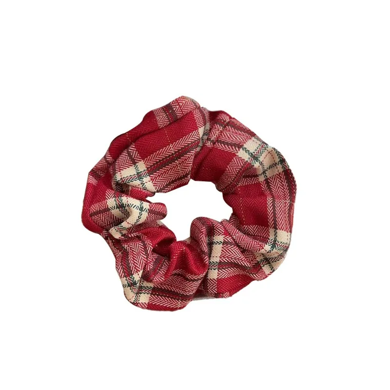 Scottish GirlClassic Red Pattern Hair Rope Large Intestine Ring Retro Easy Matching Hair Rope Hair Ring Tie Ponytail LeatherBand