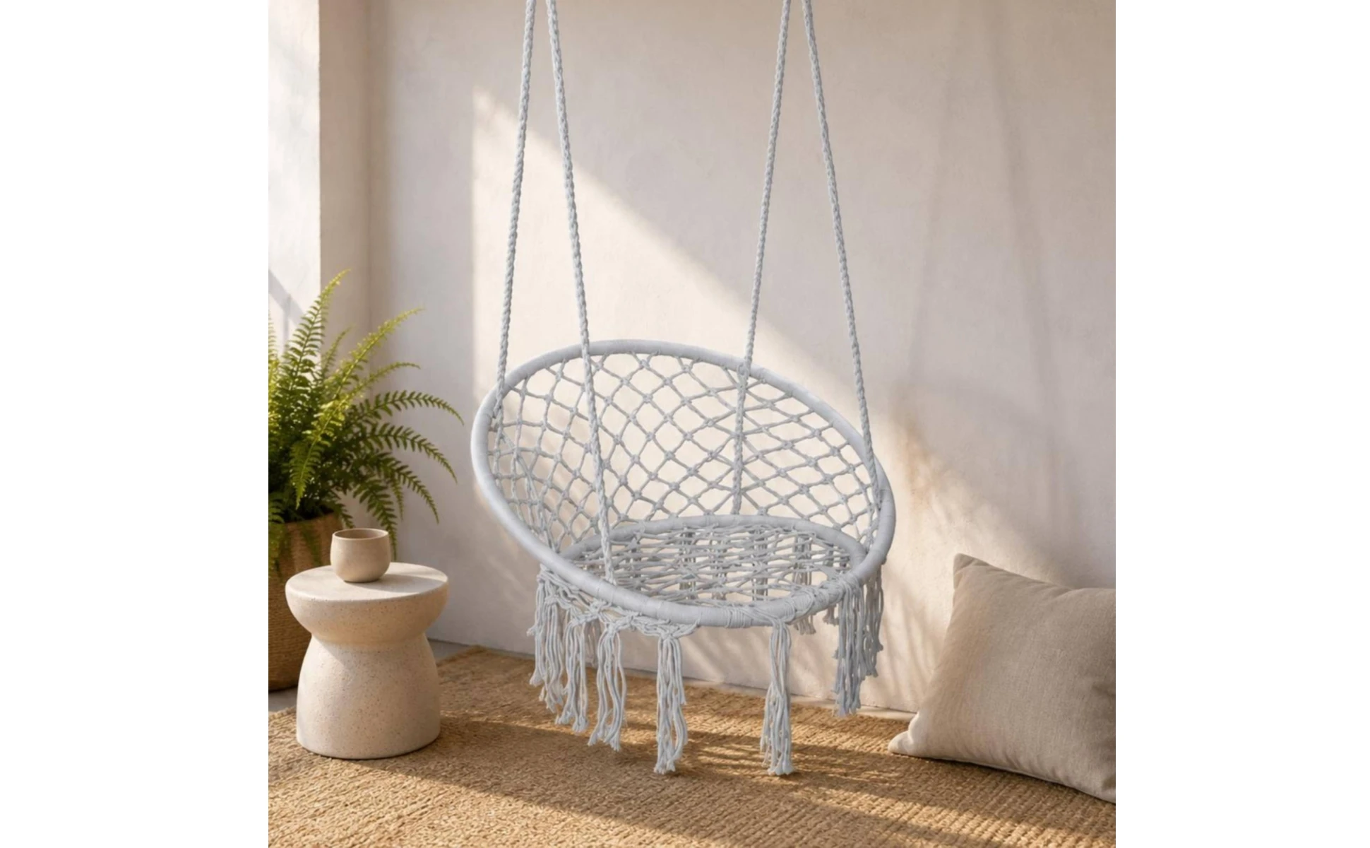 Macrame Chair Airy Lattice Cotton Rope Hanging Chair Home Furniture Oval Frame Single-Color