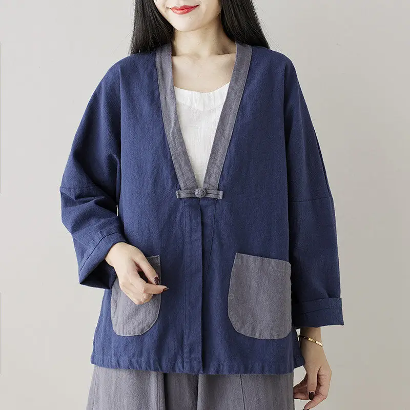 

Women Vintage Cotton Linen Original Jackets V-Neck Long Sleeve Single Button Loose Coats Patchwork Pockets Spring New Jackets