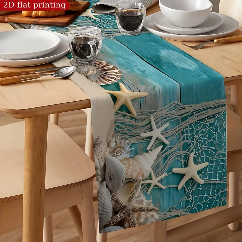 VIKAMA Polyester Table Runner Retro Blue Beach Nautical Starfish Shell for Coastal Dining Decor