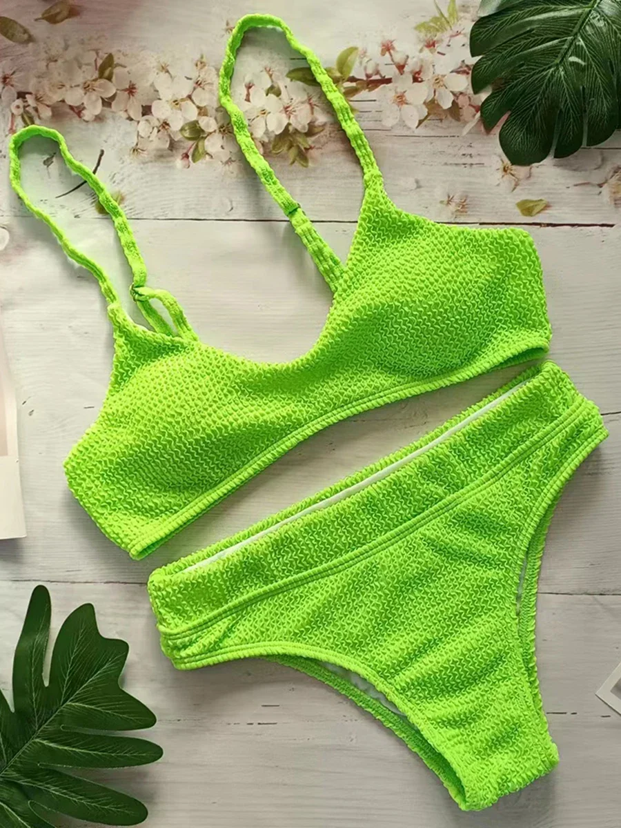 2025 Solid Strappy Bikini Ribbed Swimsuit Women Sexy Padded Swimwear Female Bathers Bathing Swimming Swim Suit Beachwear