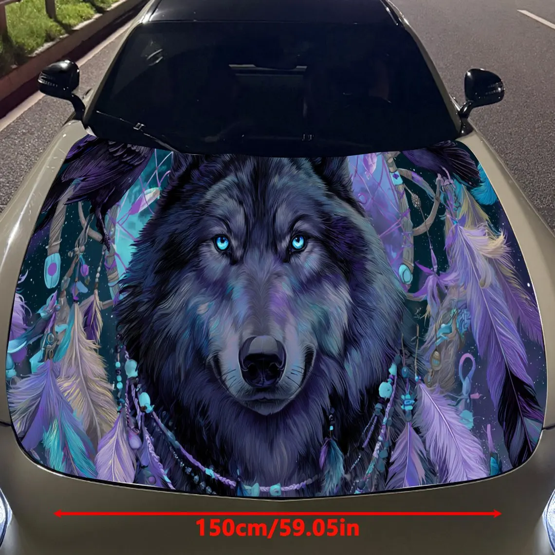 Spiritual Wolf with Feathers Car Engine Hood Sticker, Auto Vinyl Wraps, Waterproof Self-adhesive Vehicle Decal, Durable & Anti-s