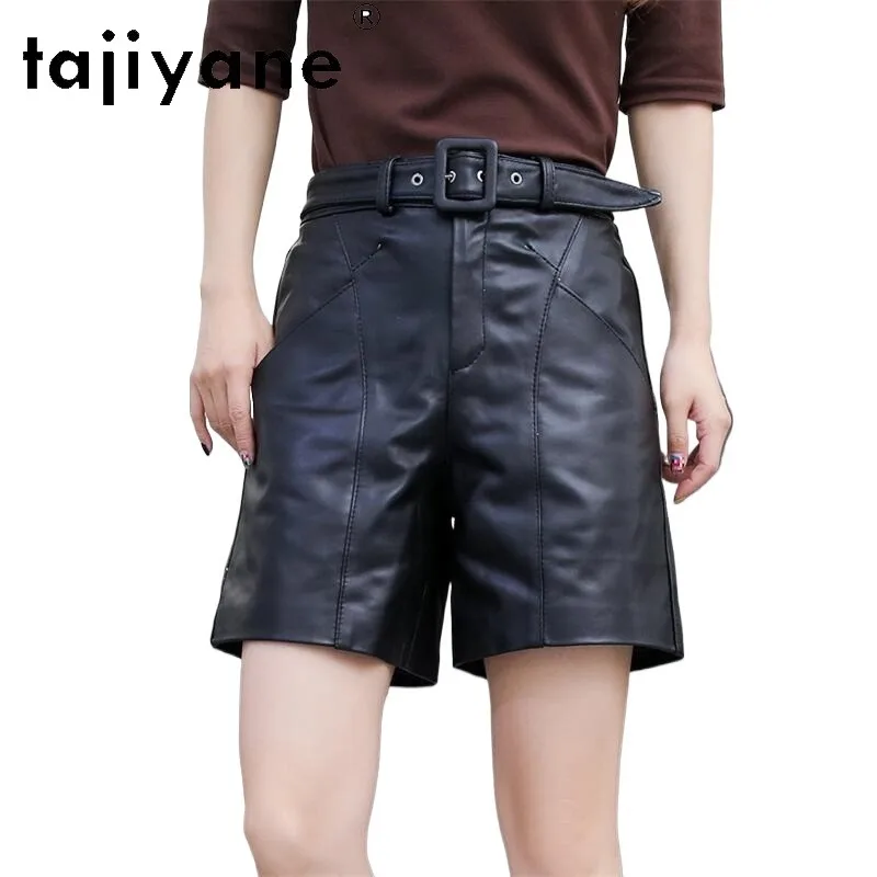 TAJIYANE Genuine Leather Shorts Straight Women's Shorts Black Sheepskin Shorts for Woman Slim Fit Bootyshorts Elastic Waist 반바지