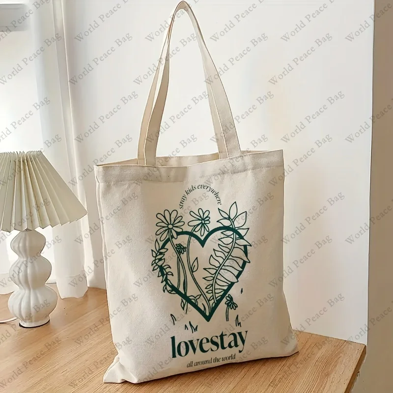 1pc Lovestay Pattern Canvas Tote Bag, Casual Canvas Shoulder Bag, Fashion Shopping Bag