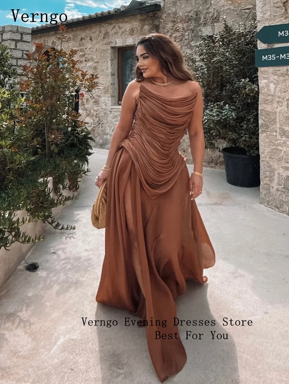 Verngo Brown Shiny Chiffon Evening Dress Strapless A Line Split Formal Occasion Dresses Sexy Prom Party Gowns Customized image 3