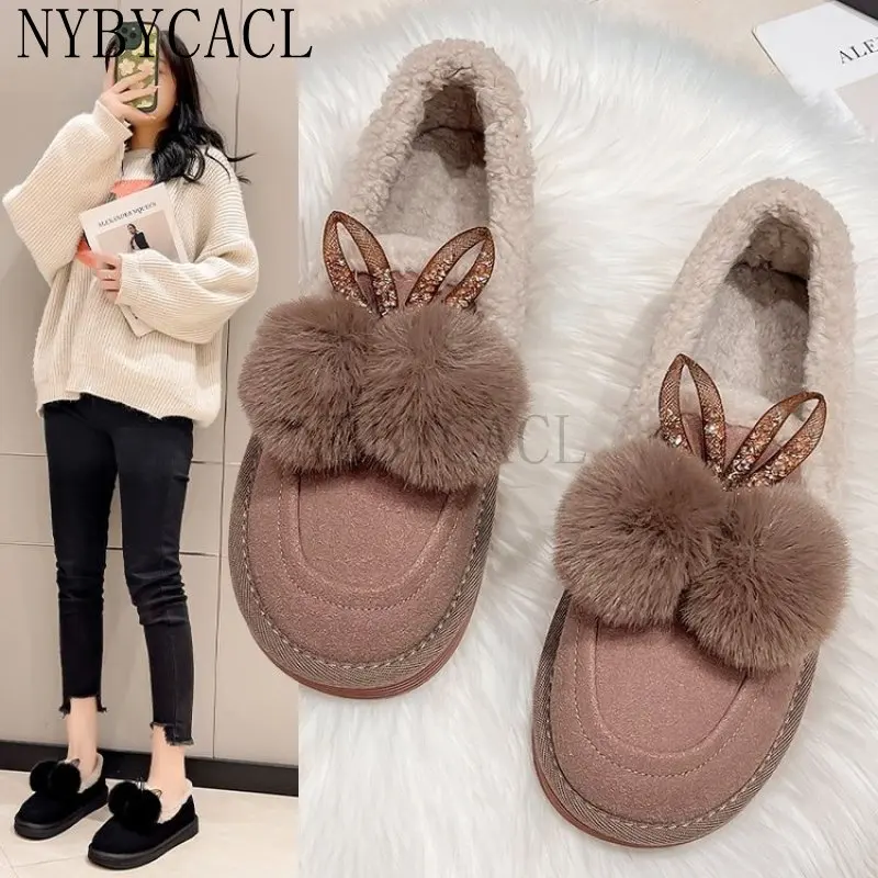 

Women Butterfly-Knot Fluffy Plush Flat Shoes 2022 Fashion Winter Warm Faux Fur Flock Loafers Slip On Shallow Luxury Moccasin New