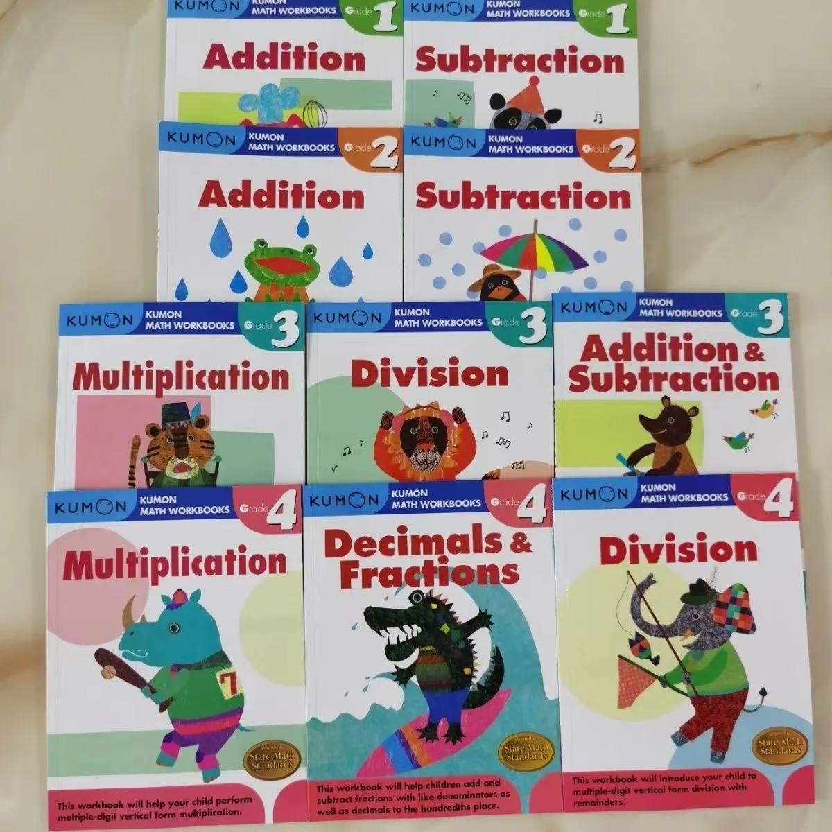 10Books/set Kumon Document Style Education Math + Writing + Reading Exercise Book for Grades 1-4