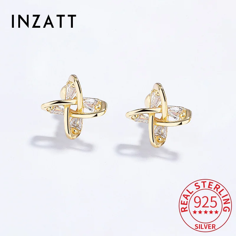 

INZATT Real 925 Sterling Silver Zircon Cross Bead Screw 18K Sutd Earrings for Women OL Fine Jewelry Light Luxury Accessories