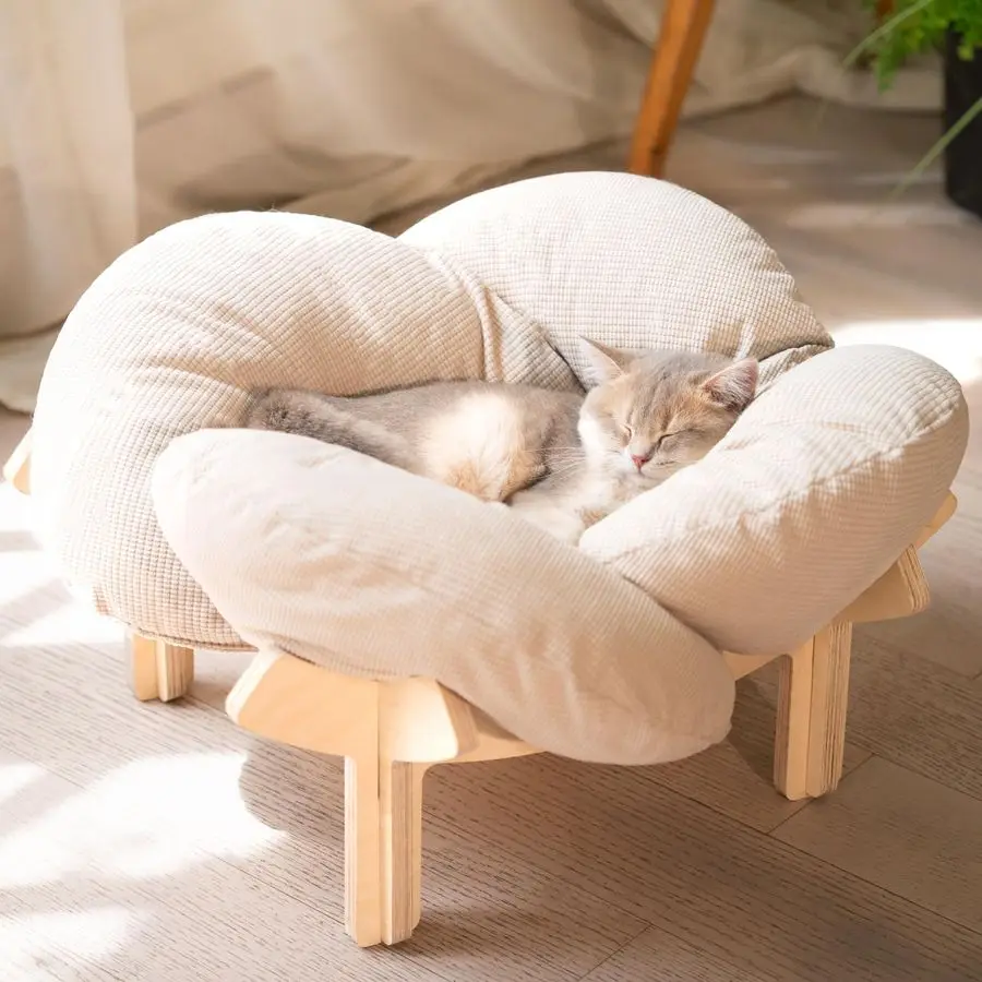 

Elevated Cat Bed Wooden with Cushion Fluffy Pet Couch Sofa for Indoor Cats Raised Kitty Lounge Chair Suitable for Puppy, Cat Fur