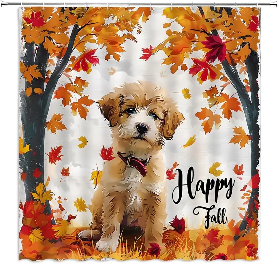 

Fall Dog Shower Curtain Maple Leaves Autumn Cute Dogs Pet Farmhouse Animal Rustic Harvest Festival Seasonal Watercolor Orange